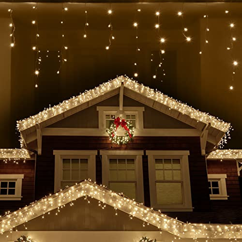 ANSIO® Outdoor Christmas Lights 760 LED 26m/83ft Icicle Lights Outdoor & Indoor Warm White Decorations String Fairy Outside Lights with Timer for Xmas Garden & Party | Mains Powered Clear Cable