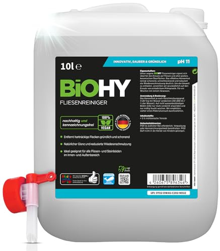 BiOHY Fliesenreiniger (10 Liter Kanister) + Auslaufhahn | Bio Reiniger für Wand- & Bodenfliesen aller Art | Intensiver Kalkentferner | Streifenfreie Reinigung für Wohnzimmer, Küche & Bad |