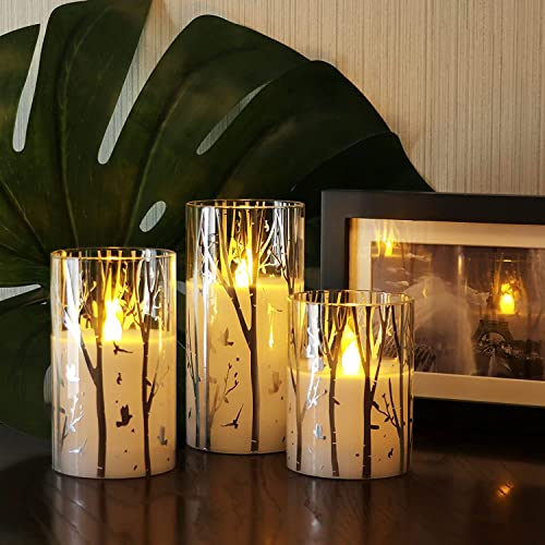 Rhytsing Birch Design Glass Battery Operated LED Candles with Timer, Flameless Pillar Candles Spring & Summer Decor, Batteries Included - Set of 3