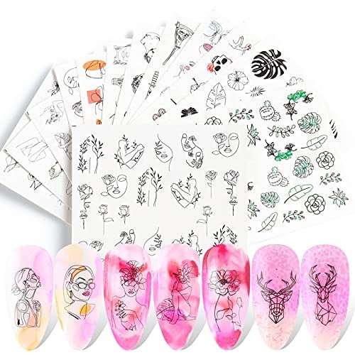 CHANGAR Abstrakte Damengesicht Nagelaufkleber Geometriefutter Tier-Nagelkunst Wassertransfer-Aufkleber Rosen-Totenkopf Knochen Wasserschieber Papier Nagelkunst Dekor Gel-Nagellack Maniküre-Tipps