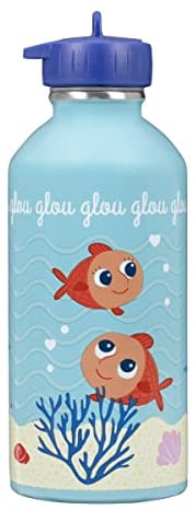 DRAEGER PARIS 1886 - Gourde Enfant Acier Inoxydable 300ml - Facile à Nettoyer - Bleu avec Message Glou Glou Glou - Écologique, Durable et Réutilisable - École & Sports - Taille Compacte 17x6,5 cm