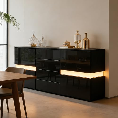 BESTWANTED Anrichte Hochglanz Anrichte für Wohnzimmer Modernes Anrichte Schrank Vitrine mit LED Beleuchtung 2 Türen 4 Schubladen Wohnmöbel (Schwarz)