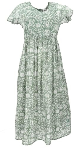 Luftiges Boho Sommerkleid, handbedrucktes Baumwoll-Maxikleid, mintgrün, S