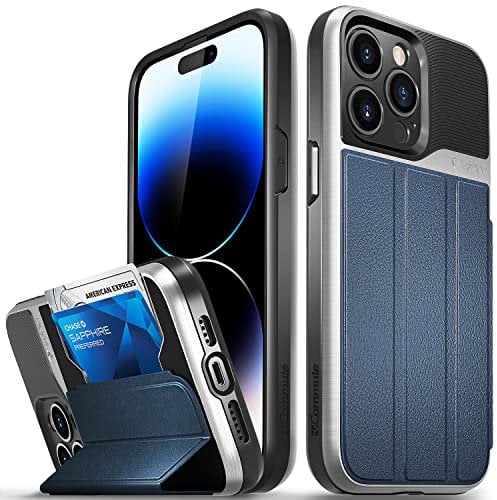 VENA vCommute Wallet Case Compatible with Apple iPhone 14 Pro Max (6.7-inch), (Military Grade Drop Protection) Flip Leather Cover Card Slot Holder with Kickstand - Blue