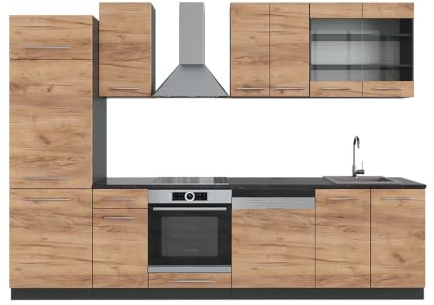 Vicco Küchenzeile Fame-Line, Goldkraft Eiche/Anthrazit, 300 cm | 8 Module · Höhenverstellbare Füße · Ohne Arbeitsplatte · Robuste Fronten · Softclose · Metallgriffe