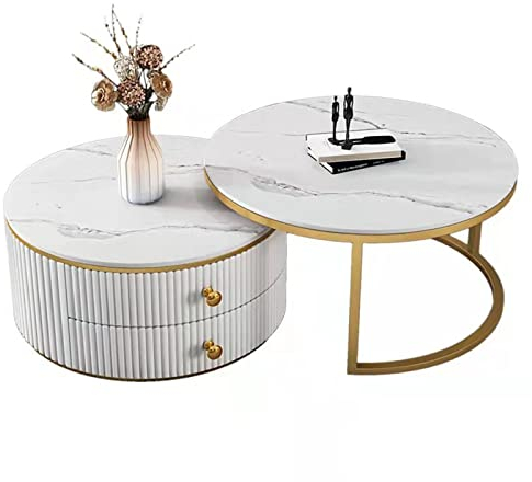 CHEMYO Weißer runder Couchtisch mit Stauraum, Couchtisch aus Kunstmarmor, 2er-Set, runder Akzent-Couchtisch mit drehbaren Schubladen für Wohnzimmer, Büro, Balkon,B