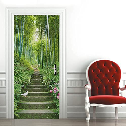PLEETS Sticker Porte Poster marches en pierre de bambou vert Papier Peint Trompe l'oeil Pour Salon Chambre Décoration De La Maison Stickers Muraux Imperméable Stickers Amovibles 83 x 204cm