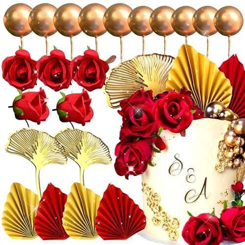 JeVenis Red Rose Tortendeko Rosen Tortendeko Blumen Golden Tortendeko Kugeln Tortendeko Hochzeit Cupcake Topper