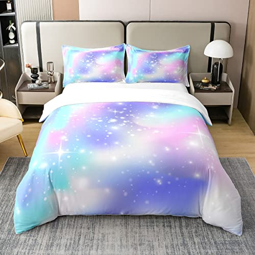 100% Baumwolle Ombre Bettbezug Regenbogen Bettbezug 135x200 Tie Dye Galaxy Bettwäsche Set Nebula Bettwäsche Sternenhimmel Steppdeckenbezug Pastell Sterne Glitter Bettbezug Lila Blau Schlafzimmer Dekor