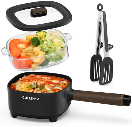 CULLINSSS 2L Electric Hot Pot with Steamer, Portable Electric Pot with Upgrade Honeycomb Nonstick Coating for Dorm, Office, Travel, Multi Cooker Pot with Power Control for Ramen, Soup, Oatmeal (Black)