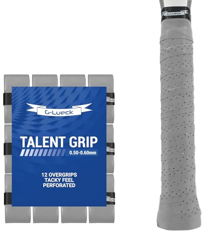G-Lueck 12er Set Tennis Overgrip Talent Grip mit Perforation | 0,50-0,60mm Stärke | Griffband für Squash Badminton Schläger mit Selbstklebendem Abschlußband | sehr griffig, Anti-Rutsch (Grau)
