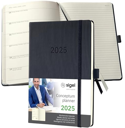 SIGEL C2514 Terminplaner Wochennotiz-Kalender 2025, ca. A5, schwarz, Hardcover, 192 Seiten, Gummiband, Stiftschlaufe, Archivtasche, aus nachhaltigem Papier, Conceptum