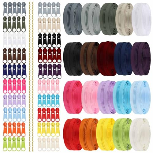 Duscdesp 60M 20 Farben Reißverschluss Endlosreißverschluss mit Zipper, DIY Reissverschluss Teilbar mit 100 Schieber, Reißverschluss Reparaturset für Nähen, Basteln und Tasche (20 Farbe)