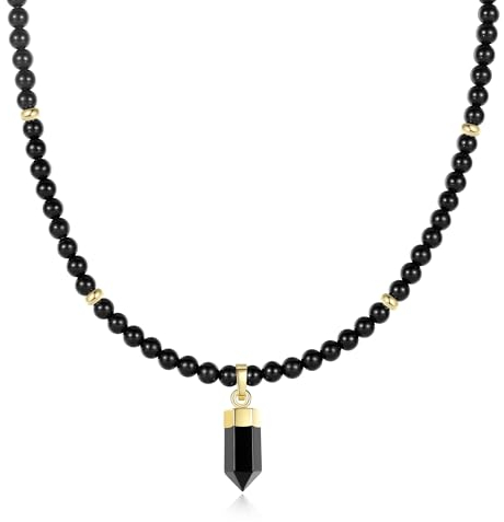 COAI Damen Kristall Perlenkette mit natürlichen Schwarzer Onyx Perlen und hexagonalem Schwarzer Onyx Anhänger 50cm
