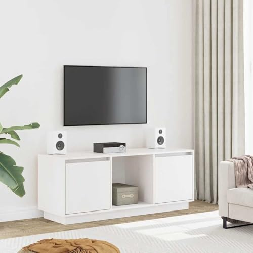 Gecheer Meuble TV, meuble TV de salon, table pour télévisions, meuble TV en bois massif de pin blanc 110,5 x 35 x 44 cm