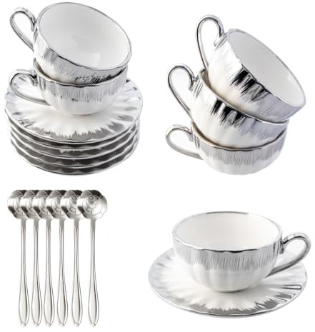 CHANJOON Lot de 6 tasses à thé, plateau à thé, cuillères à café, en céramique de 6 oz avec bord doré galvanique et boîte cadeau, tasses à café, tasses à thé blanc, couleur argent, taille moyenne