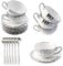CHANJOON Lot de 6 tasses à thé, plateau à thé, cuillères à café, en céramique de 6 oz avec bord doré galvanique et boîte cadeau, tasses à café, tasses à thé blanc, couleur argent, taille moyenne
