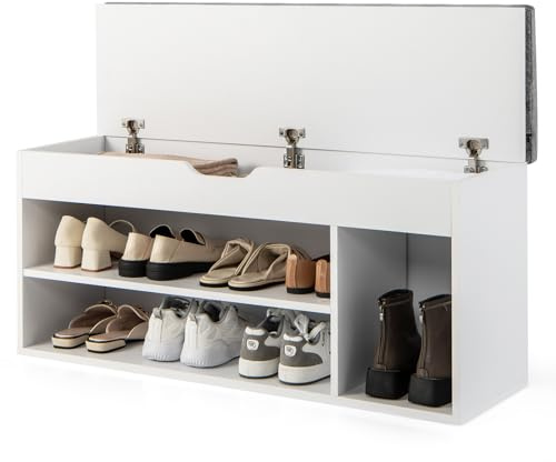 GIANTEX Schuhbank mit Sitzkissen, Schuhtruhe Sitzbank mit Stauraum, 3 Fächer, 2 Stufen, Schuhschrank aufklappbar mit Klappdeckel für Flur Wohnzimmer Schlafzimmer 104x30x48 cm (Weiß+Grau)
