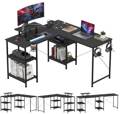 Lvhecforhm Bureau Gaming en Forme L, Bureau d'angle avec Prises et Ports USB, Table Gaming en Fibre de Carbone avec Support d'écran, Gamer Angle avec Crochets, Noir pour Jouer 130x130cm