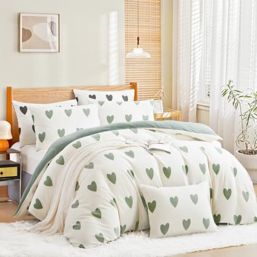 Nayoroom Winter Bettwäsche 200x200 Grün Herzen Fleece Biber Bettwäsche-Sets 3teilig Dunkelgrün Cashmere Touch Warm Plüsch Bettbezug Flauschige Flanell Olivgrün Wendebettwäsche und 2 Kissenbezüge 80x80