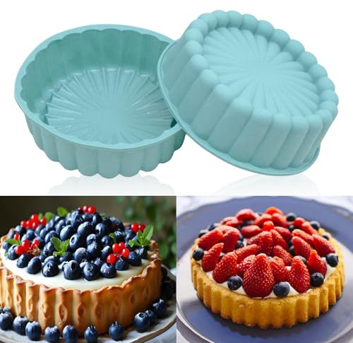 FORYNXHWIN 8 Zoll Silikon Backform, 2 Stücke Sonnenblume Rund Silikonform Kuchenform 20cm, Silikonformen Kuchenform Silikon Backformen Rund Set, für Schichtkuchen und Käsekuchen (Blau)