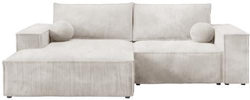 BROMARKT - Sofa mit Schlaffunktion - Schlafsofa Pablo Mini - Ecksofa L-Form Sofa - Modern Design Couch - Kordstoff - Freistehend - mit Bettzeugbehälter - 255x148x85cm - Weiß