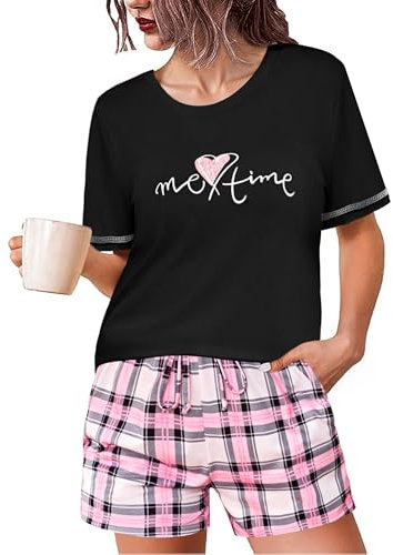 Leversic Schlafanzug Damen Kurz Baumwolle, Sommer Zweiteiler Pyjama Damen Set Karierte Shorts und Oberteil mit Herzaufdruck, 1211-Schwarz, XXL