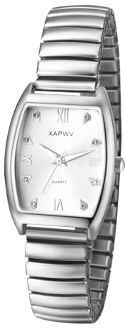 JewelryWe Damenuhr Tonneau Elastische Uhr: Exquisite Analog Quarz Armbanduhr Damen Silber Edelstahl Stretch Armband Rechteckige Uhren mit Zugarmband & Römischen Ziffern Diamantskala