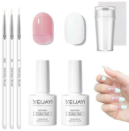 French Manicure Kit - 2PCS Gel Nail Polish Set - Jelly Pink White Color Nail Polish French Nail Tool Set - 3PCS Thin Nail Art Brushes and Nail Stamper Long Lasting UV Lamp Required