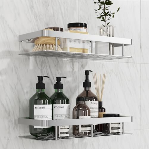 QOEOTUY Estantería Baño Sin Taladro: 2 Piezas de Accesorios Baño con 4 Almohadillas Adhesivas Sin Perforación y 2 Paquetes de Tornillos de Instalación - Estante de Ducha (Plata)