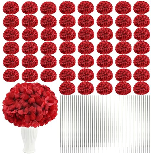 104 Pieces Silk Hydrangea Artificial Flowers Heads-Red