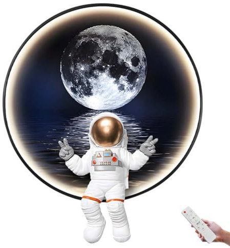 LOGT LED Mond Wandleuchte mit Fernbedienung Astronaut Wandlampe USB Stecker Kabel Wand Lampe Innen Dimmbar Nachttischlampe Runde Mond Kinderzimmerlampe Art Deco Wandbeleuchtung 3000K-60000K,40CM