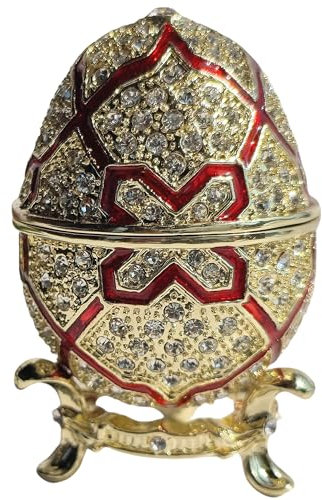 zltSunshine Hand Painted Enamel Easter Egg Jewelry Box With rhinestones Desktop Storage Trinket Box Ring Earring Organizer Faberge Egg Home & Office Decor Red
