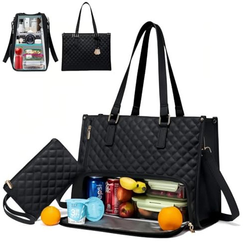 Lunchtasche, 2-in-1 Lunch Bag Handtasche Kombination, 15,6 Zoll Tote Bag mit Isoliertem Lunchfach, Lunch Tasche Lunchtasche Damen, Kühltasche Thermotasche für Unterwegs Arbeit Schule Büro (Schwarz)