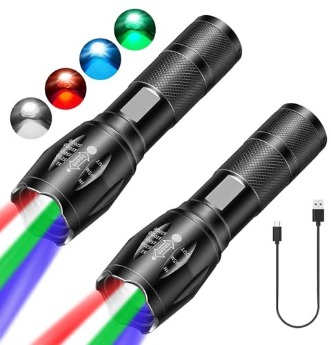 Sporgo 4 in 1 LED Taschenlampe: 2 Pack Multifunktionale Taschenlampe mit Rot, Grün, Blau, Weißes Licht, Super Helle Wasserdichte Taschenlampe, Verstellbarem Fokus Mehrfarbige LED-Taschenlampe