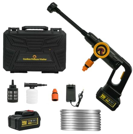 Sunster Akku Hochdruckreiniger, 21V Hochdruckreiniger Akku Hydro Blast, Mobiler Hochdruckreiniger mit 6-In-1 Multifunktionale, 3 Modus Max 45 Bar Hochdruckreiniger Mit 4000mA Akku, 5M Schlauch