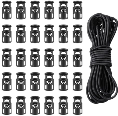 30 Pieces Toggles for Drawstrings and 10m Black Elastic Cord, Plastic Cord Locks Single Hole Spring Toggle Stoppers Fastener Slide for Shoelaces Clothing Camping Equipment Backpack Paracord