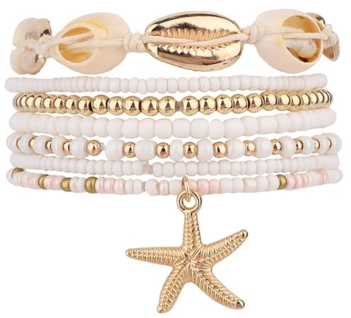 Mikovivi 7pcs Bracelet Cheville Coquillage pour Femmes, Bracelet Cheville Surf Élastique et Ajustable en Coquillage Étoile Mer Bijoux Pied Surfeur en Perles Mode Vacances d'Été Fêtes Bord