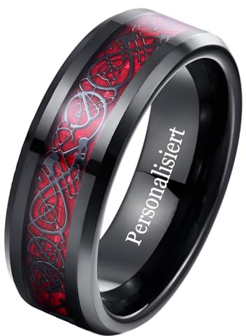 NUNCAD Personalisiert Wolfram Ring Herren 8mm Keltischer Drachenring Schwarz Eheringe mit Rot Kohlefaser und Abgeschrägte Kanten Größe 67.2(21.4)