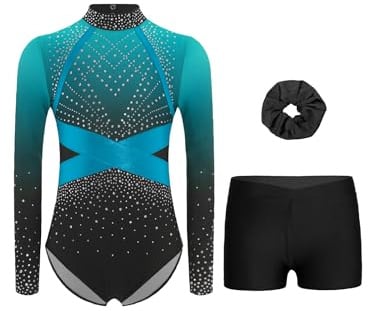 Miutii Mädchen Turnanzug Glitzer Gymnastikanzug Langarm Ballettanzug mit kurze Hose Haarband Gymnastik Leotard Eislaufen Tanzkostüm A Hellblau 134-140