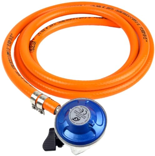 Butane Regulator (Blue) 21mm Cylinders 28mbar + 8mm LPG Gas Hose + Clips 1 Metre Caravans BBQ Camping