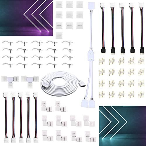 Xygobla LED Light Connector Kit 4 Pin 5050 RGB Strip Lights Connector 10mm, LED Strip Light Extension Cable, L and T Shape connectors, Led Strip Splitter, Led Strip Light Connectors for Led RGB Strip