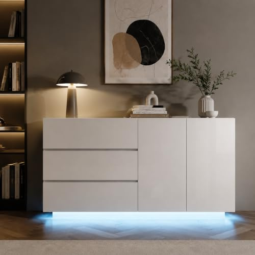 AZJSAHAH Sideboard Hochglanz Weiss,Kommode mit 2 Türen 3 Schubladen & Led Beleuchtung TV Schrank Anrichte Schrank Fernsehschrank Für Esszimmer Wohnzimmer,Küche (Weiß-A)