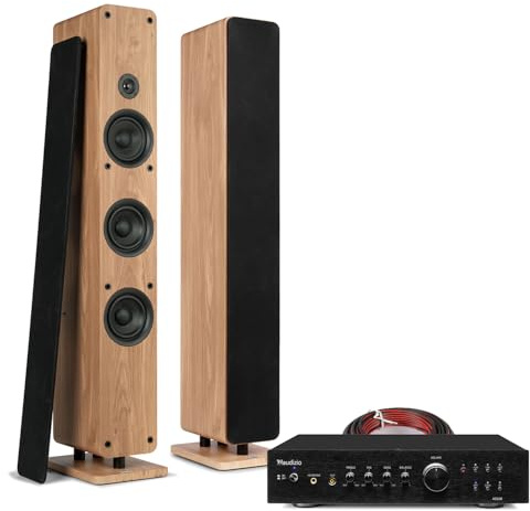 Audizio Complete Tower HiFi System with Bluetooth – Floor Standing Passive Speaker Pair & AD220B Stereo Amplifier, Optical TV Input, Wood Finish, 10m Cable