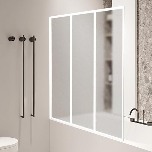 Monucep Parete doccia per vasca da bagno, 120 x 140 cm, 3 pezzi, pieghevole, in plastica PS infrangibile, telaio in alluminio bianco con struttura a goccia d'acqua, paraspruzzi salvaspazio per piccoli