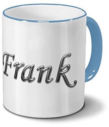 printplanet Tasse mit Namen Frank - Motiv Chrom-Schriftzug - Namenstasse, Kaffeebecher, Mug, Becher, Kaffeetasse - Farbe Hellblau