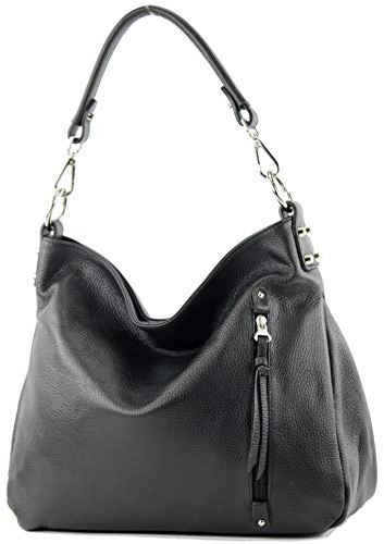 modamoda de T183 Damen Schultertasche Handtasche Tragetasche Echtleder Groß handmade in Italy, Farbe:Schwarz