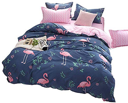 Loussiesd Tropische Flamingo Bettwäsche Set 3 teiligs 200x200cm + 80x80cm Weich Atmungsaktiv Microfaser Betten Set mit 2 Kissenbezug Tropical Blätter Bettbezug mit Reißverschluss,Blau & Rosa