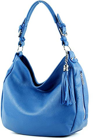 modamoda de T200 Damen Leder Schultertasche Henkeltasche handmade in Italy, Farbe:Blau