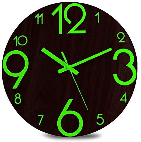 Plumeet Leuchtende Wanduhr - 30 cm Leise Holzuhr Fluoreszierend - Große Dekorative Wanduhr für Küche, Büro und Schlafzimmer (Flache Zahlen)